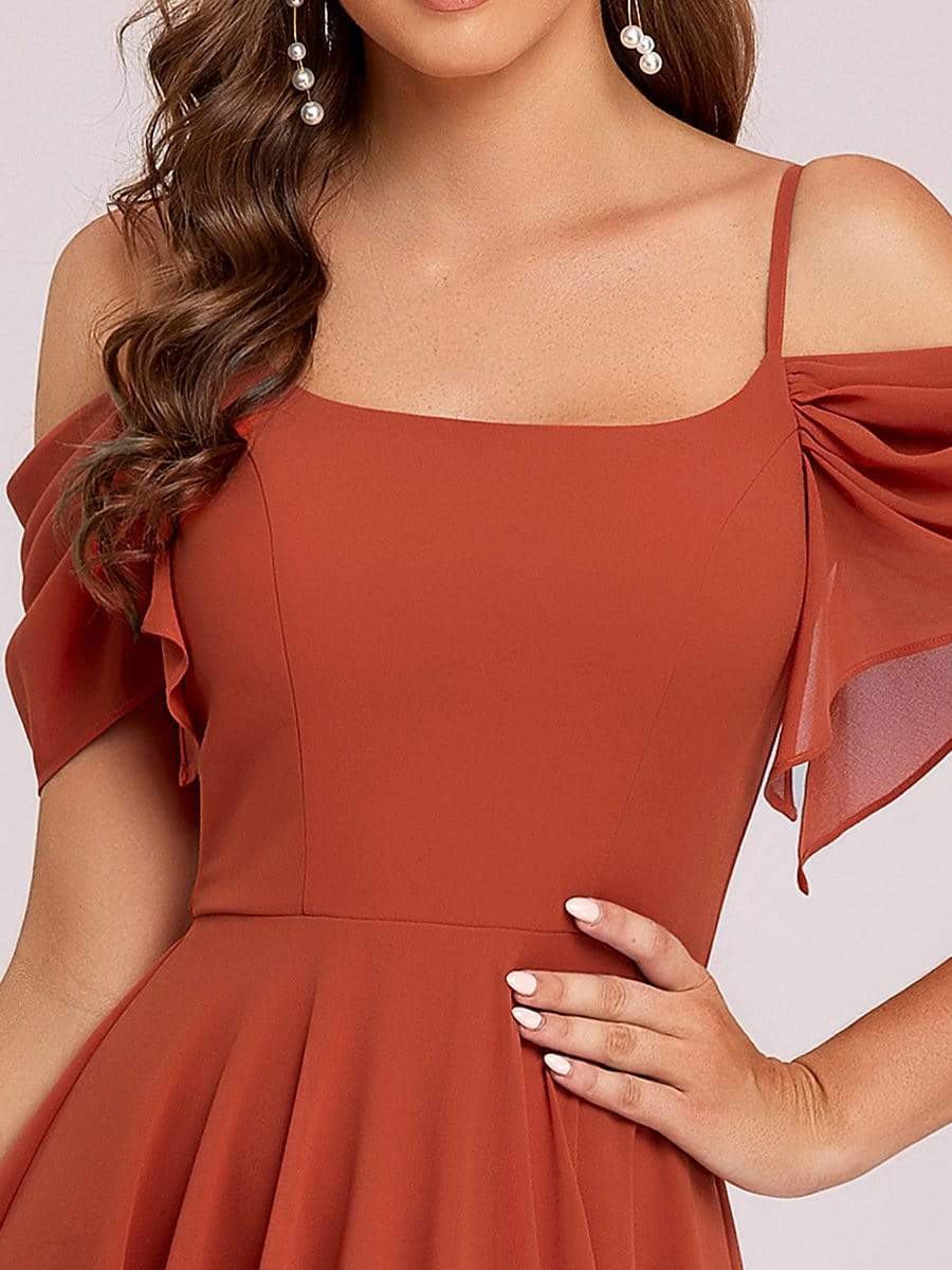 Color=Burnt Orange | Elegant Cold Shoulder Ruffle Sleeve Irregular Hem Bridesmaid Dress-Burnt Orange 7