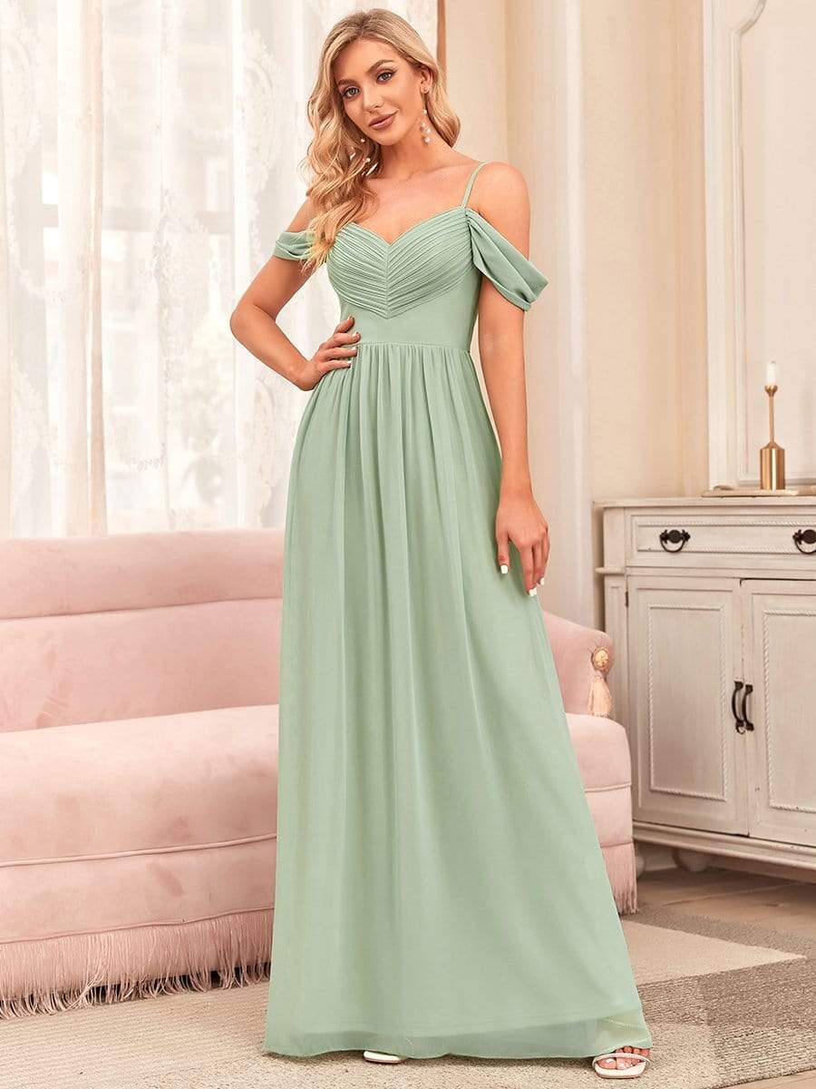 Color=Mint Green | Sexy Cold Shoulder Pleated A-line Bridesmaid Dress-Mint Green 2