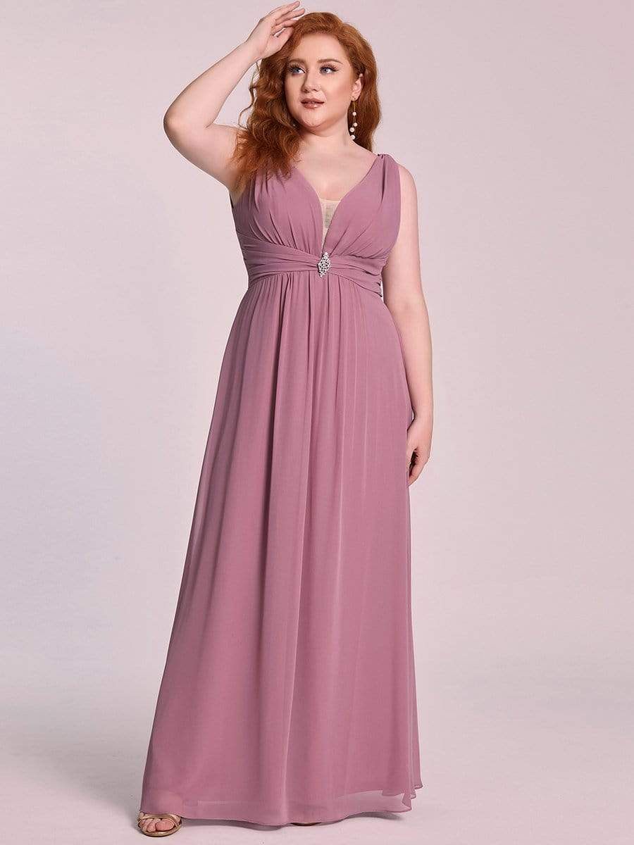 Color=Purple Orchid | Plus Size Sleeveless Deep V Mid-Rib Pleated Long Bridesmaid Dress-Purple Orchid 4