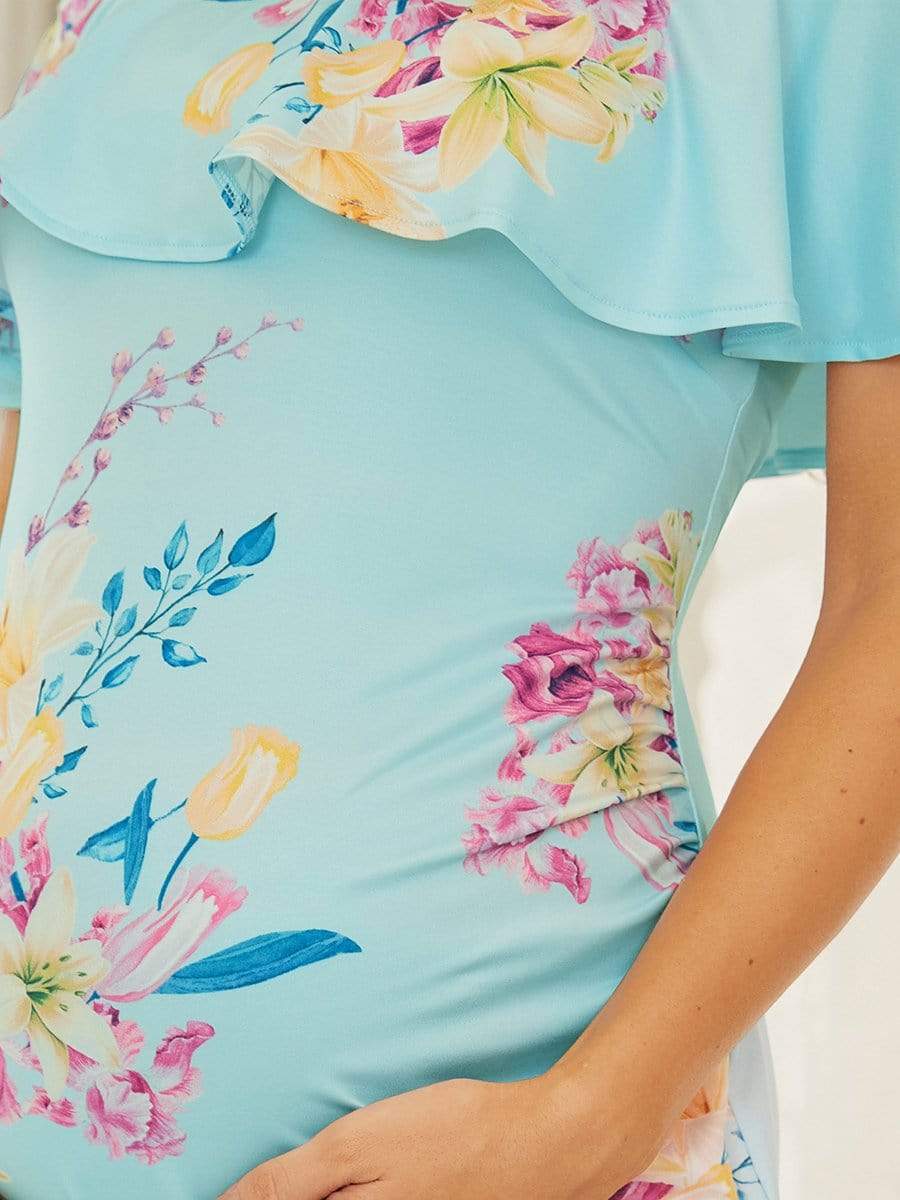 Color=Sky Blue | Cold Shoulder Ruffles Sleeve Pencil Cut Mini Maternity Dress-Sky Blue 4