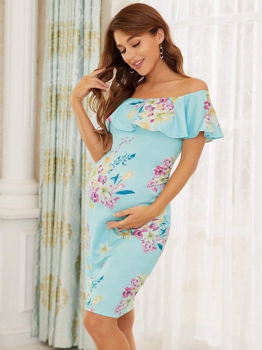 Color=Sky Blue | Cold Shoulder Ruffles Sleeve Pencil Cut Mini Maternity Dress-Sky Blue 5