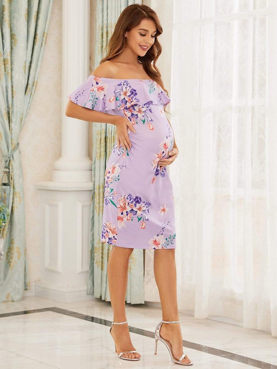 Color=Lavender | Cold Shoulder Ruffles Sleeve Pencil Cut Mini Maternity Dress-Lavender 5
