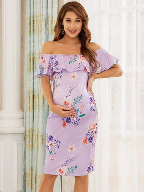 Color=Lavender | Cold Shoulder Ruffles Sleeve Pencil Cut Mini Maternity Dress-Lavender 1