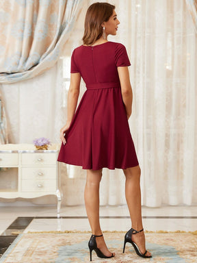 Color=Burgundy | Short Sleeves Deep V Neck Full Circle Skirt Short Maternity Dress-Burgundy 2