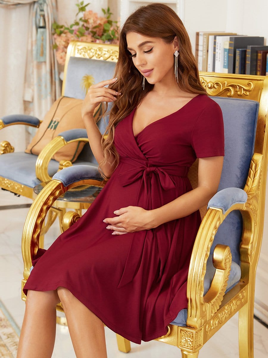 Color=Burgundy | Short Sleeves Deep V Neck Full Circle Skirt Short Maternity Dress-Burgundy 5