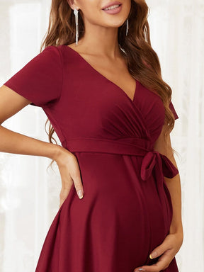 Color=Burgundy | Short Sleeves Deep V Neck Full Circle Skirt Short Maternity Dress-Burgundy 3
