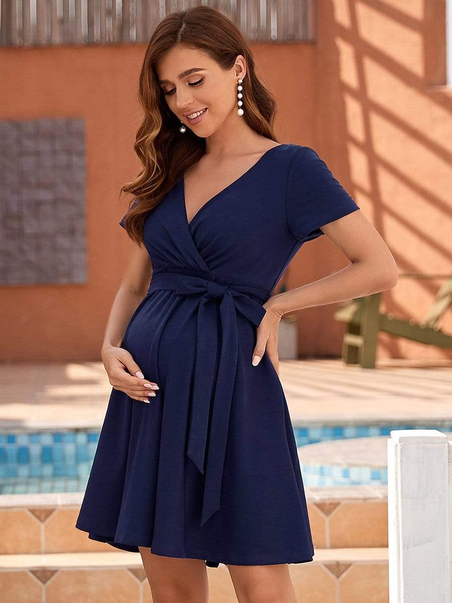 Color=Navy Blue | Short Sleeves Deep V Neck Full Circle Skirt Short Maternity Dress-Navy Blue 1