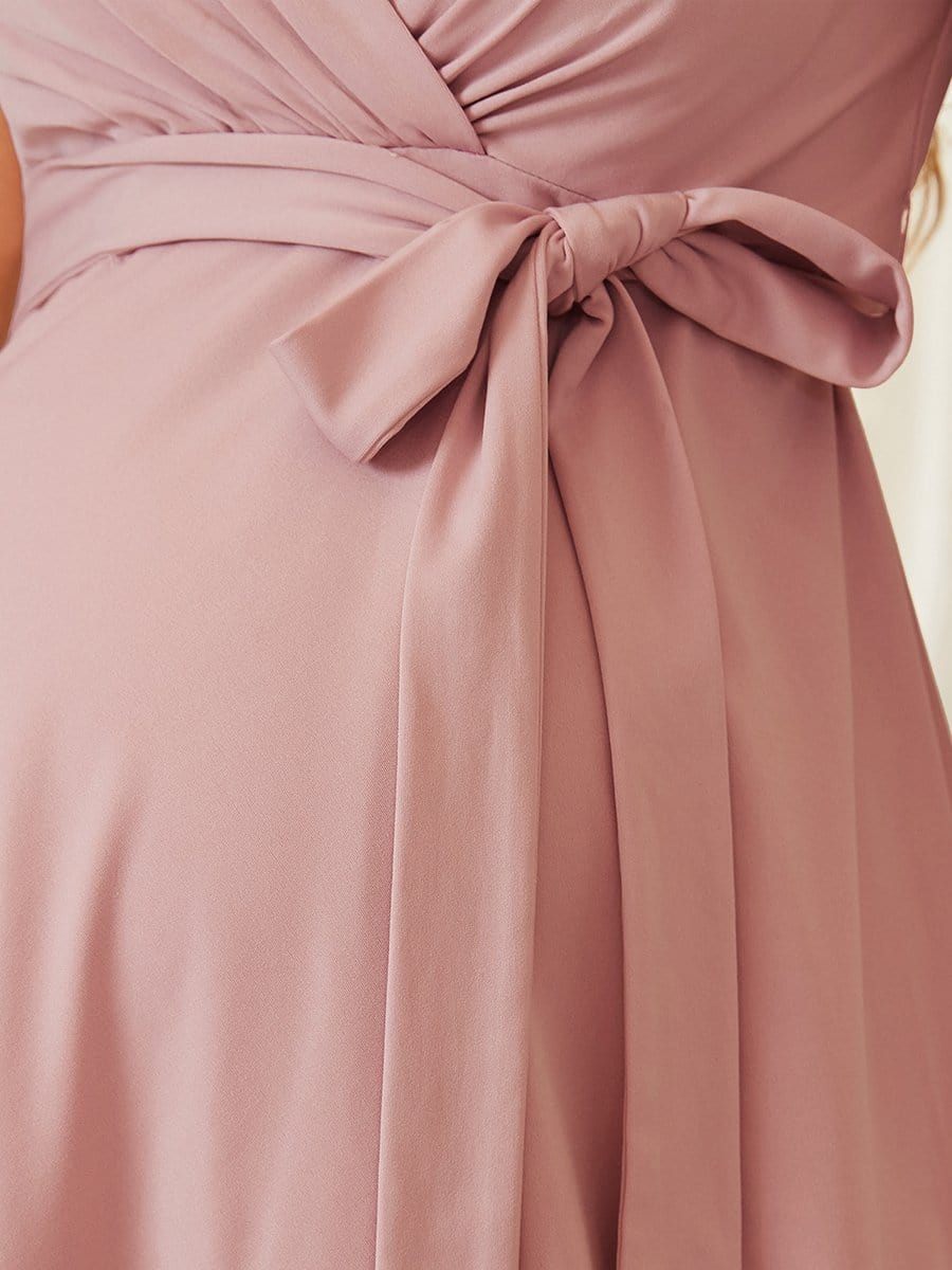 Color=Purple Orchid | Short Sleeves Deep V Neck Full Circle Skirt Short Maternity Dress-Purple Orchid 4