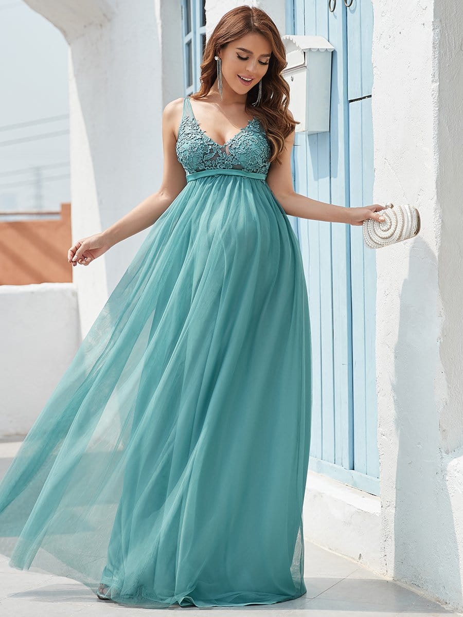 Color=Dusty blue | Mid-Rib Deep V Embroidered Bodice Long Maternity Evening Dress-Dusty Blue 4