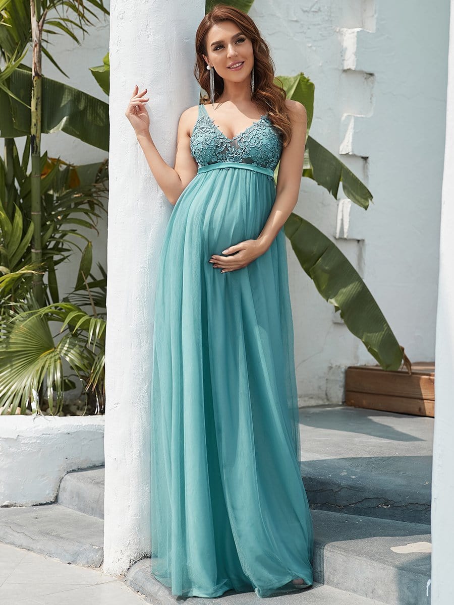 Color=Dusty blue | Mid-Rib Deep V Embroidered Bodice Long Maternity Evening Dress-Dusty Blue 1