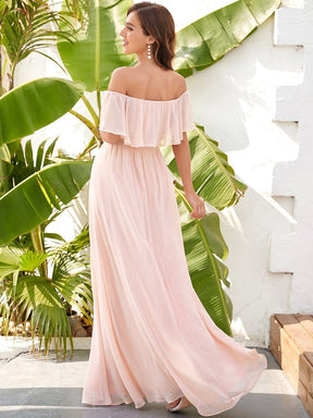 Color=Pink | Lotus Leaf Off Shoulder Wide Collar Sleeves Front Slit Maxi Maternity Dress-Pink 2