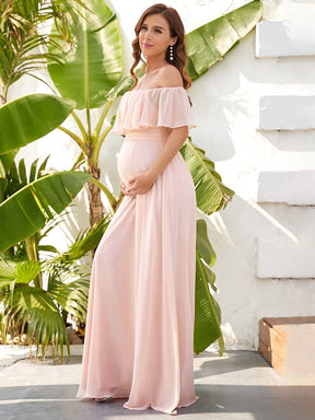 Color=Pink | Lotus Leaf Off Shoulder Wide Collar Sleeves Front Slit Maxi Maternity Dress-Pink 3
