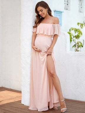 Color=Pink | Lotus Leaf Off Shoulder Wide Collar Sleeves Front Slit Maxi Maternity Dress-Pink 5