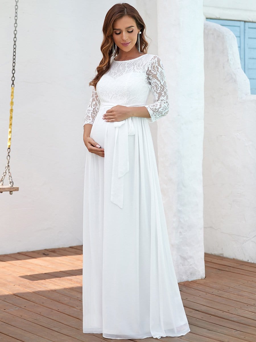 Color=Cream | Round Neck Lace 3/4 Sleeves Embroidered Bodice Long Maternity Dress-Cream 4