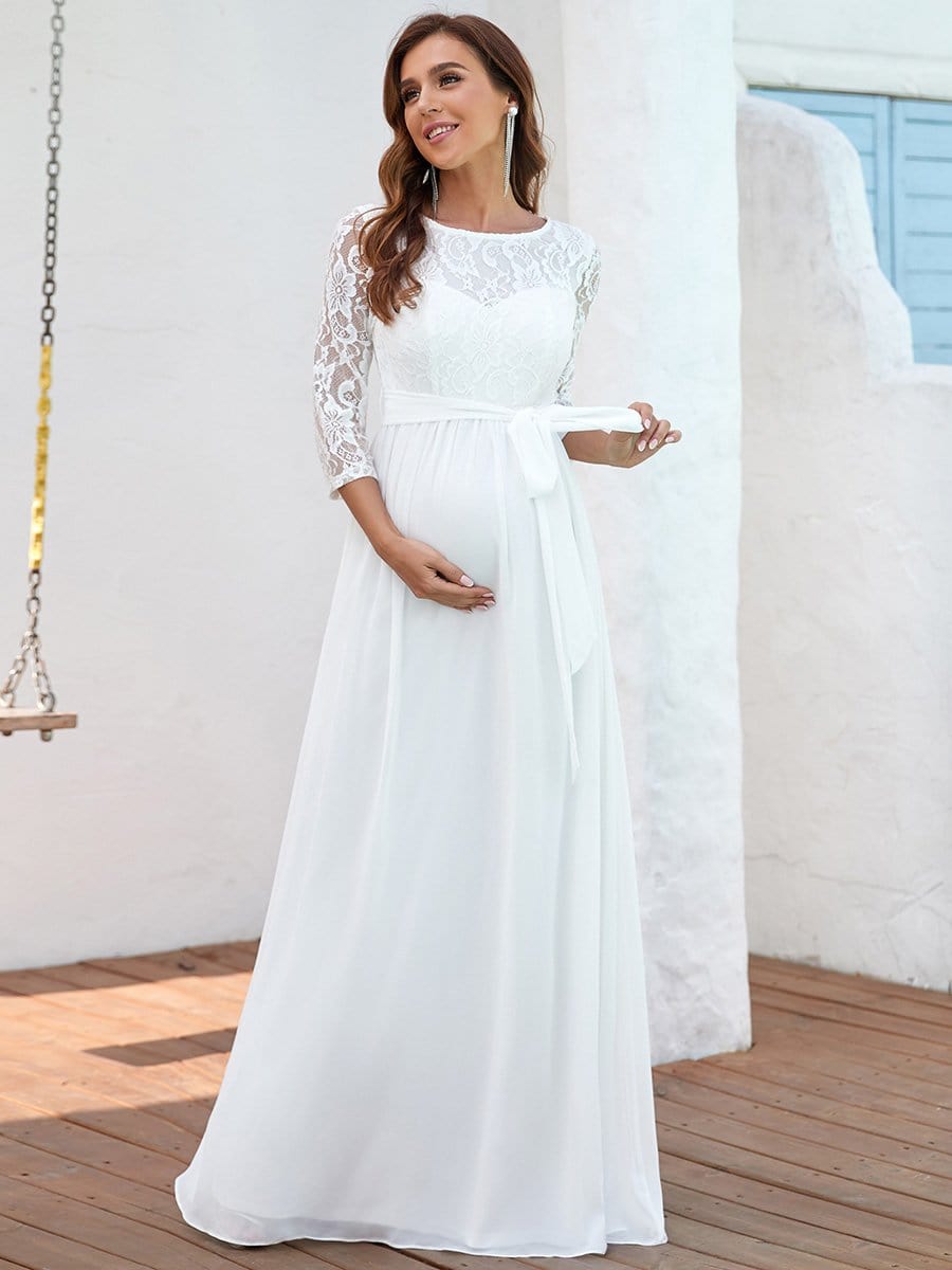 Color=Cream | Round Neck Lace 3/4 Sleeves Embroidered Bodice Long Maternity Dress-Cream 5