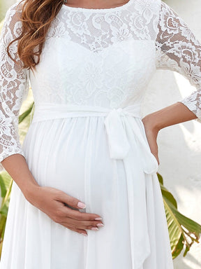 Color=Cream | Round Neck Lace 3/4 Sleeves Embroidered Bodice Long Maternity Dress-Cream 3