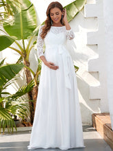 Color=Cream | Round Neck Lace 3/4 Sleeves Embroidered Bodice Long Maternity Dress-Cream 1