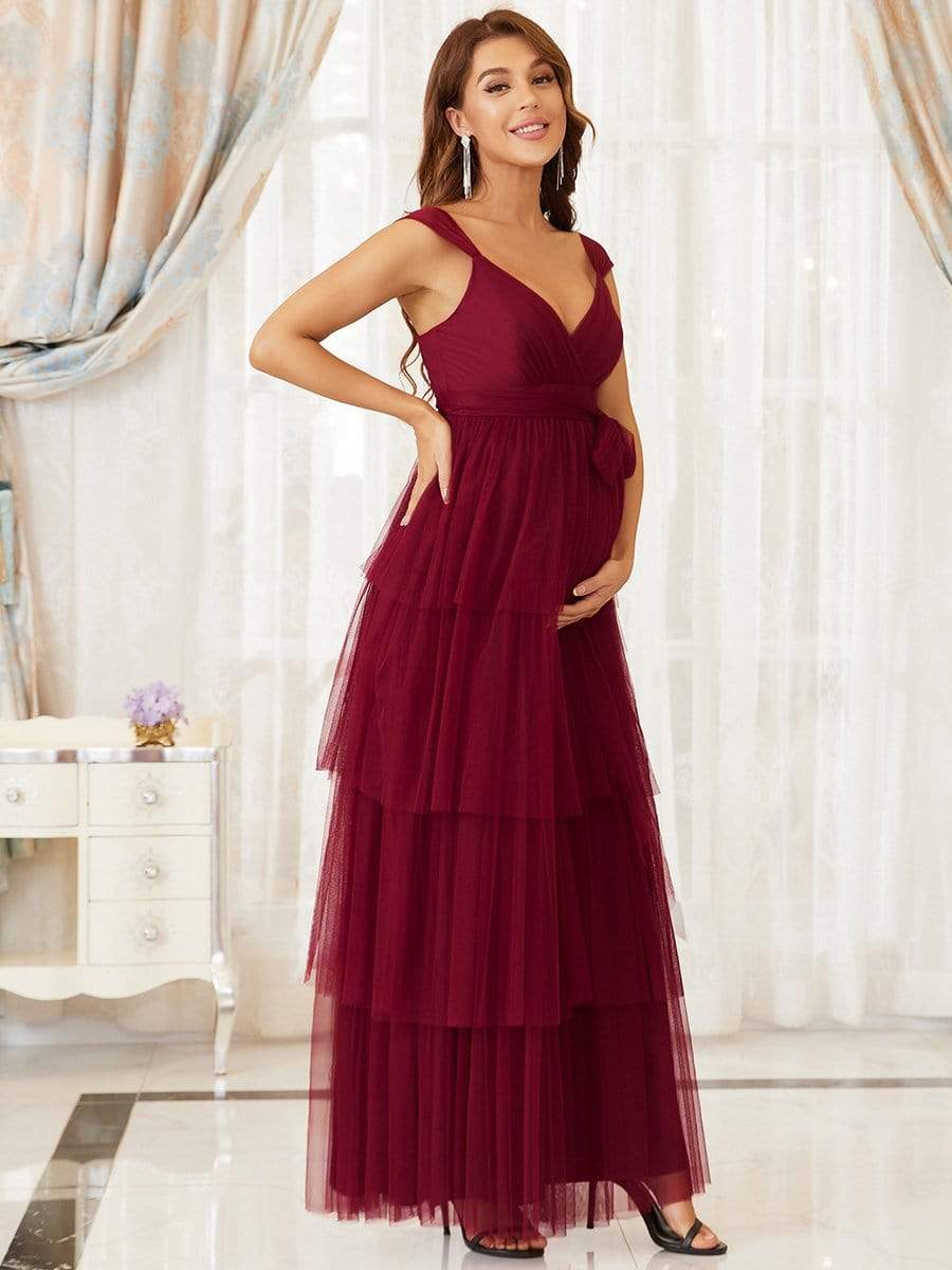 Color=Burgundy | Deep V Sleeveless Empire Waist Mid-Rib Layered Tulle Long Maternity Dress-Burgundy 5