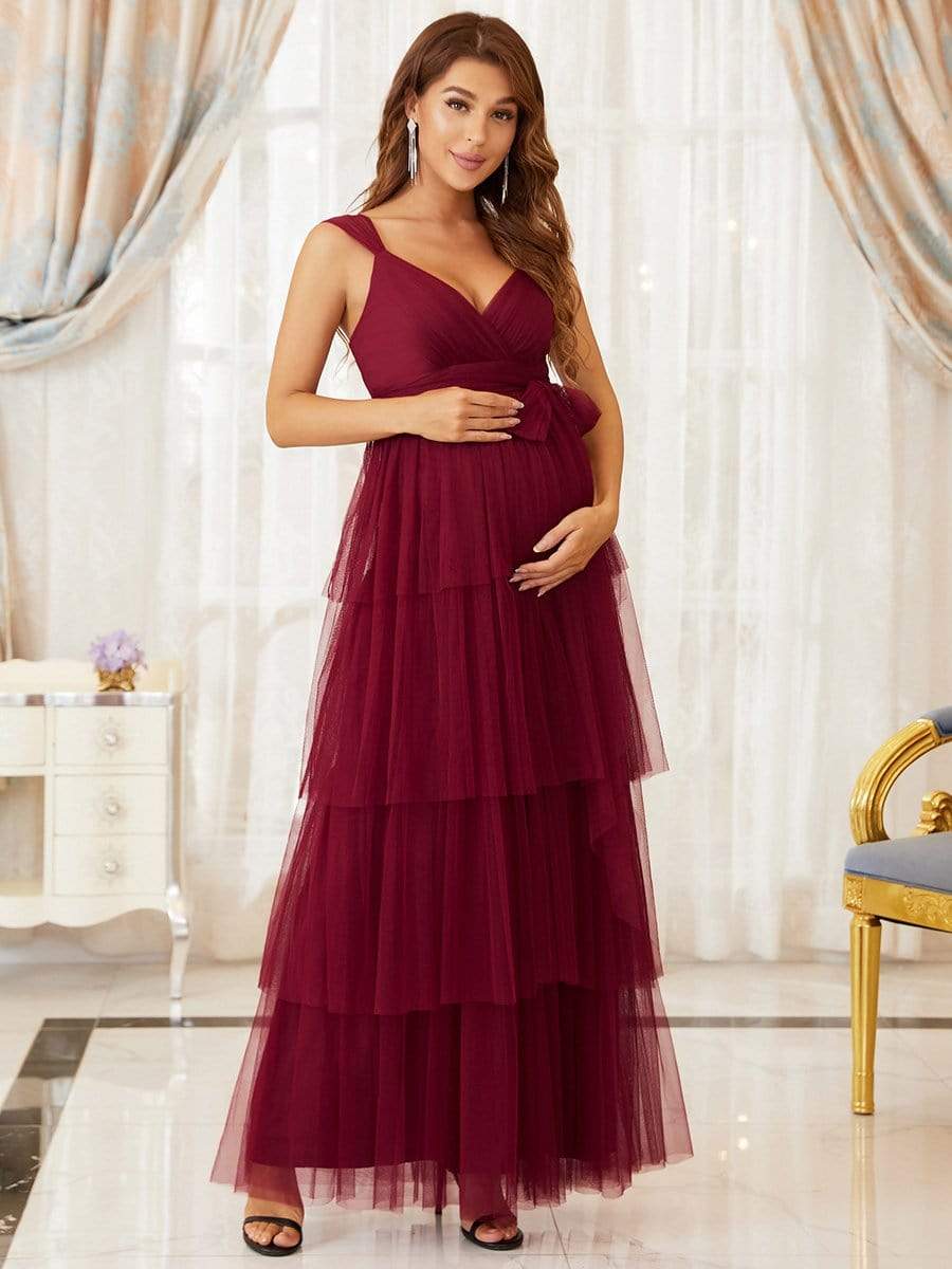 Color=Burgundy | Deep V Sleeveless Empire Waist Mid-Rib Layered Tulle Long Maternity Dress-Burgundy 3