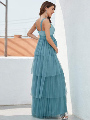 Color=Dusty blue | Deep V Sleeveless Empire Waist Mid-Rib Layered Tulle Long Maternity Dress-Dusty Blue 2