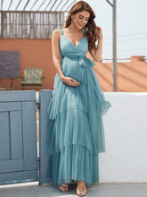 Color=Dusty blue | Deep V Sleeveless Empire Waist Mid-Rib Layered Tulle Long Maternity Dress-Dusty Blue 1
