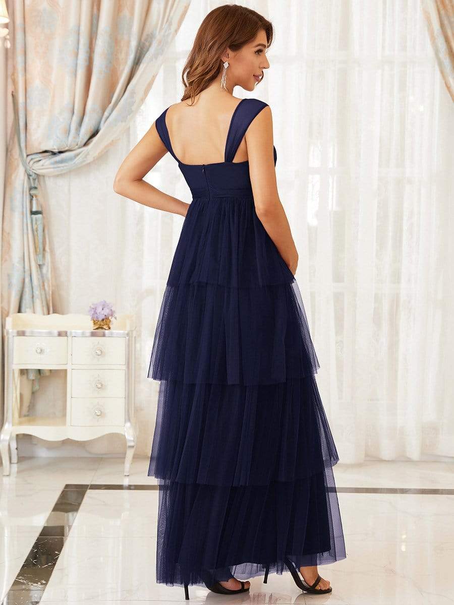 Color=Navy Blue | Deep V Sleeveless Empire Waist Mid-Rib Layered Tulle Long Maternity Dress-Navy Blue 2