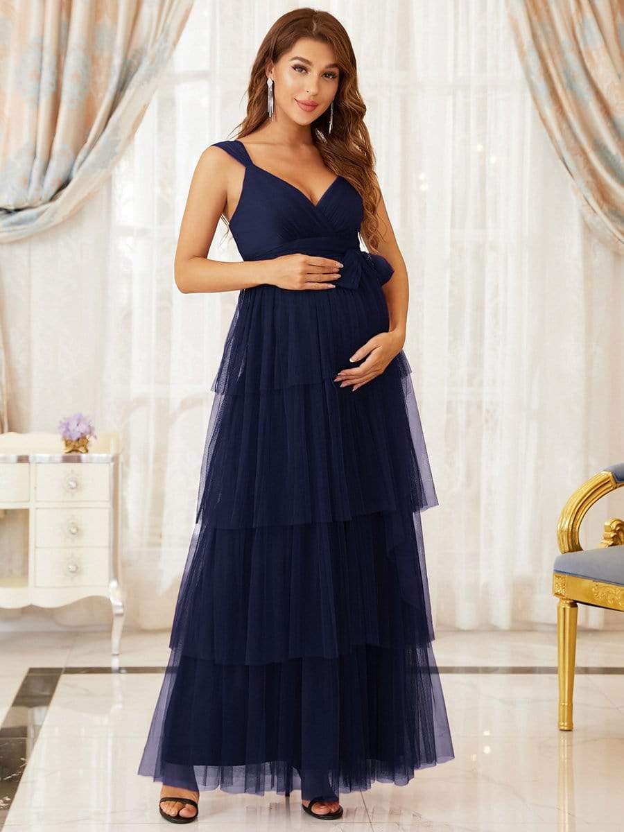 Color=Navy Blue | Deep V Sleeveless Empire Waist Mid-Rib Layered Tulle Long Maternity Dress-Navy Blue 3