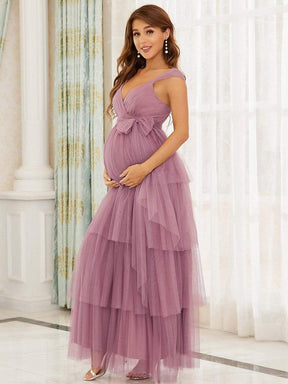 Color=Purple Orchid | Deep V Sleeveless Empire Waist Mid-Rib Layered Tulle Long Maternity Dress-Purple Orchid 5