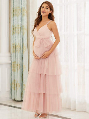 Color=Pink | Deep V Sleeveless Empire Waist Mid-Rib Layered Tulle Long Maternity Dress-Pink 5