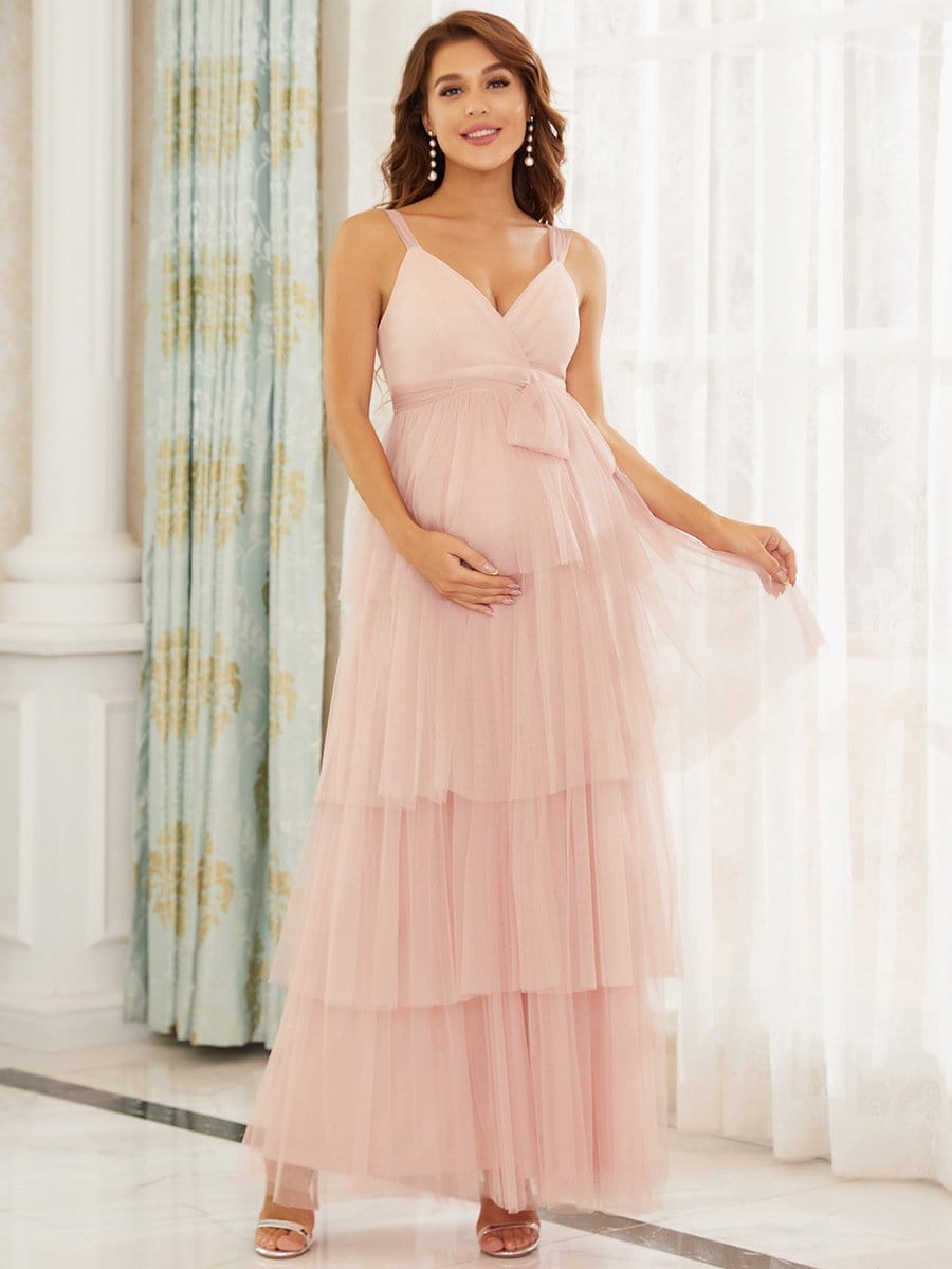 Color=Pink | Deep V Sleeveless Empire Waist Mid-Rib Layered Tulle Long Maternity Dress-Pink 3