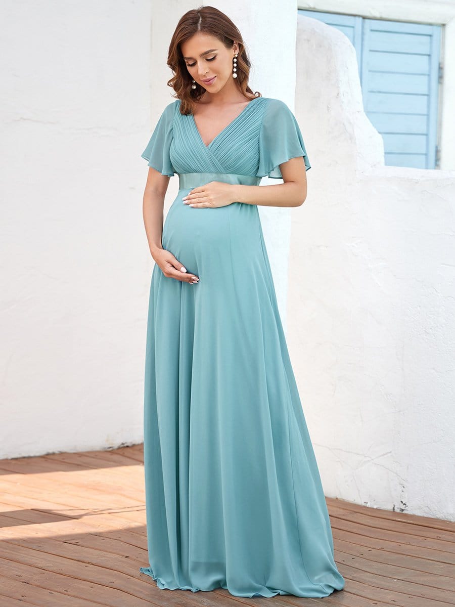 Color=Dusty blue | V Neck Ruffle Sleeves Pleated Bodice Floor Length Maternity Dress-Dusty Blue 5
