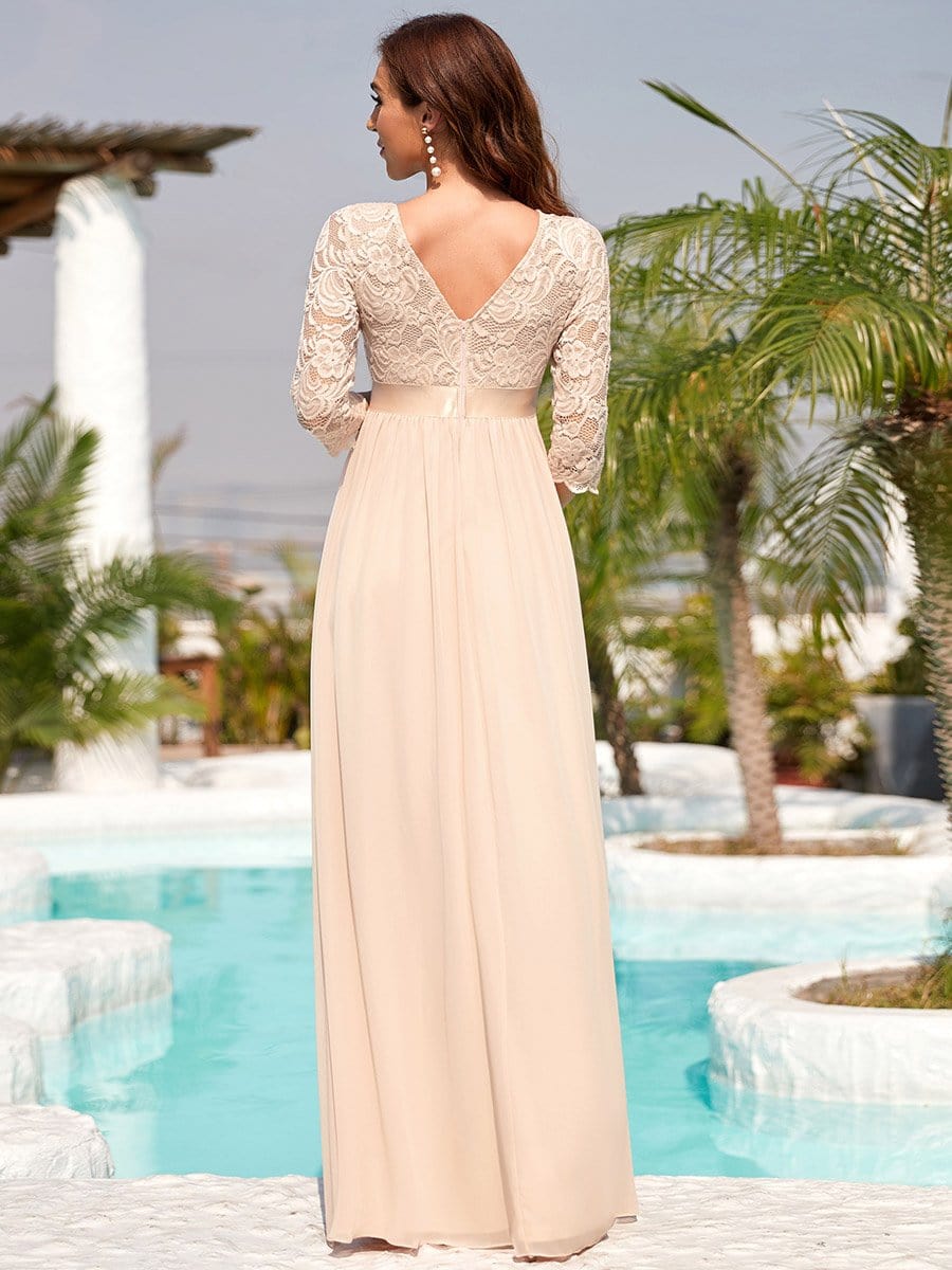 Color=Blush | Half Sleeves Round Neck V Back Embroidered Maternity Formal Dress-Blush 2