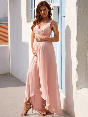 Color=Pink | Chiffon Double V Sleeveless Asymmetric Formal Long Maternity Dress-Pink 1