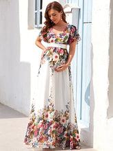 Color=Camouflage Purple | A-Line Double V Chiffon Butterfly Sleeves Long Floral Maternity Dress-Camouflage Purple 1