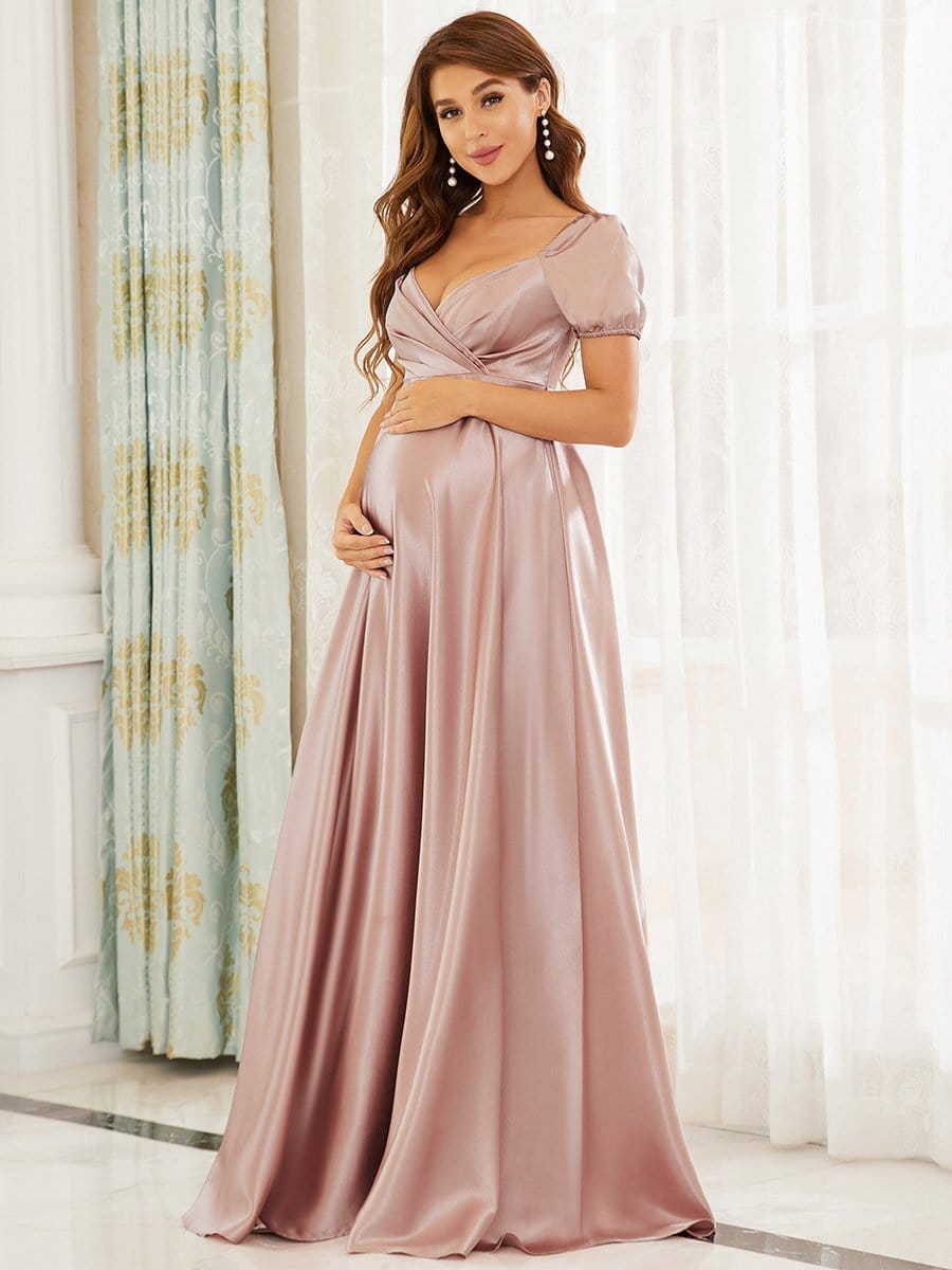 Color=Mauve | Sexy V Neck Backless Short Puff Sleeve Maxi Maternity Dress-Mauve 1