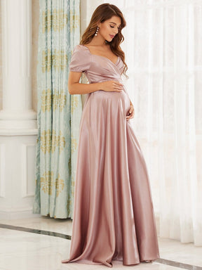 Color=Mauve | Sexy V Neck Backless Short Puff Sleeve Maxi Maternity Dress-Mauve 5