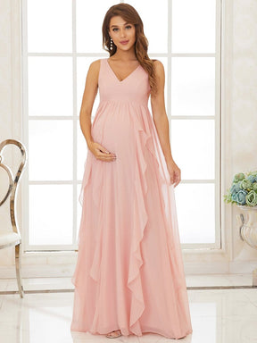 Color=Pink | Elegant V Neck Lotus Leaf Maxi Maternity Dress-Pink 3