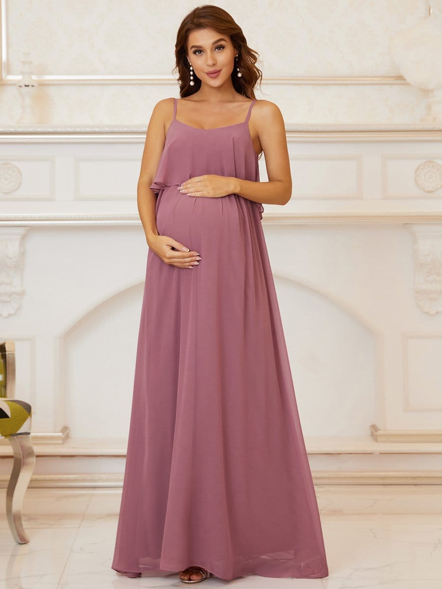 Color=Purple Orchid | A-Line Spaghetti Straps Pleated Maternity Dress-Purple Orchid 3