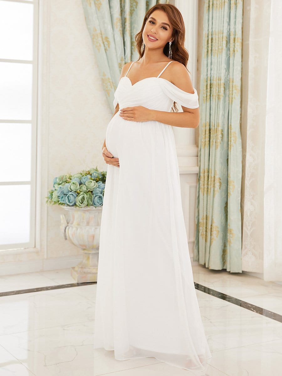 Color=Cream | Gorgeous Spaghetti Straps Solid Maxi Maternity Dress-Cream 3