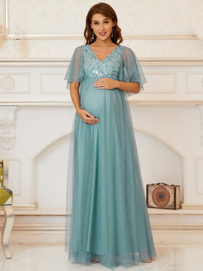 Color=Dusty blue | Elegant V Neck Embroidery Long Maternity Dress-Dusty Blue 3