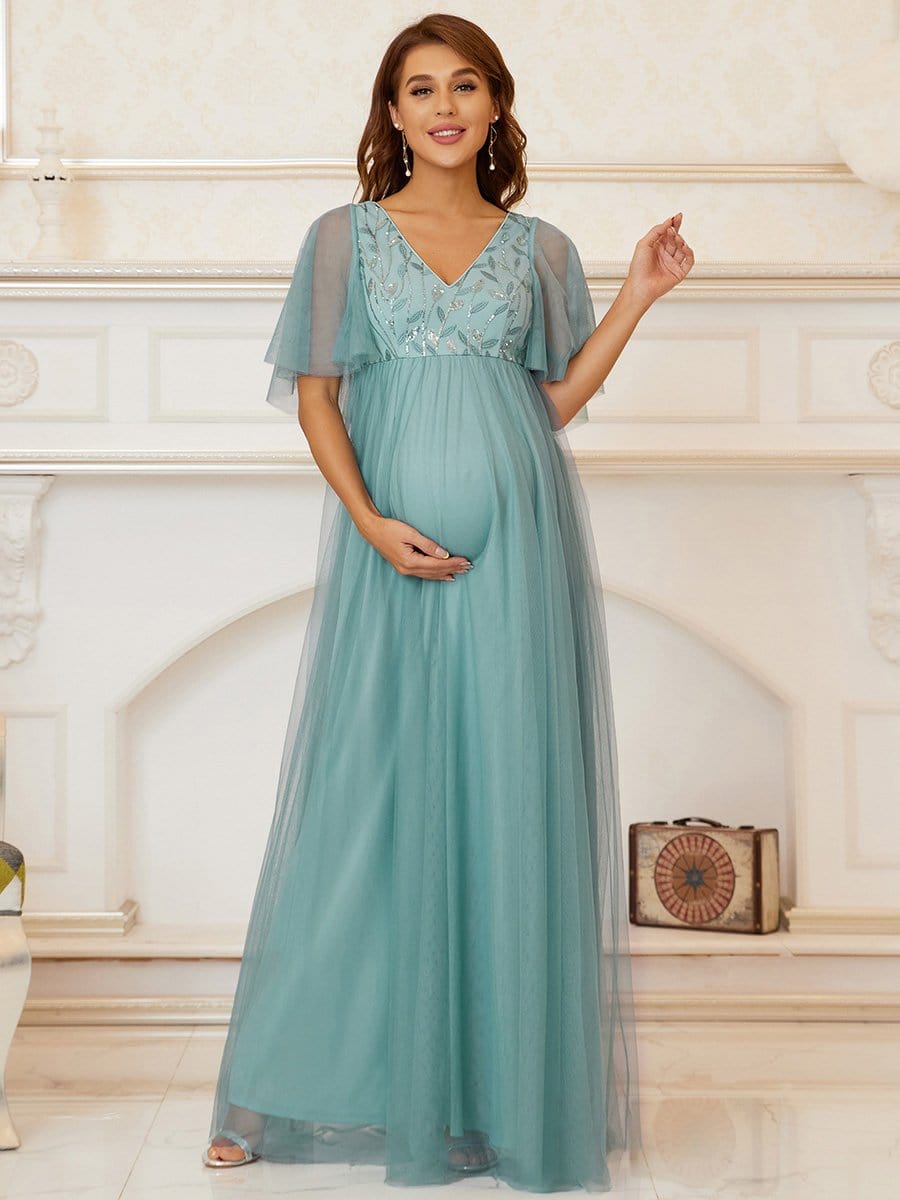 Color=Dusty blue | Elegant V Neck Embroidery Long Maternity Dress-Dusty Blue 1