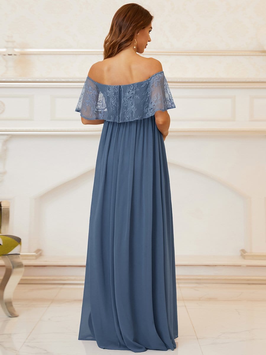 Color=Dusty Navy | Stunning Off Shoulder Pleated Maxi Maternity Dress-Dusty Navy 2
