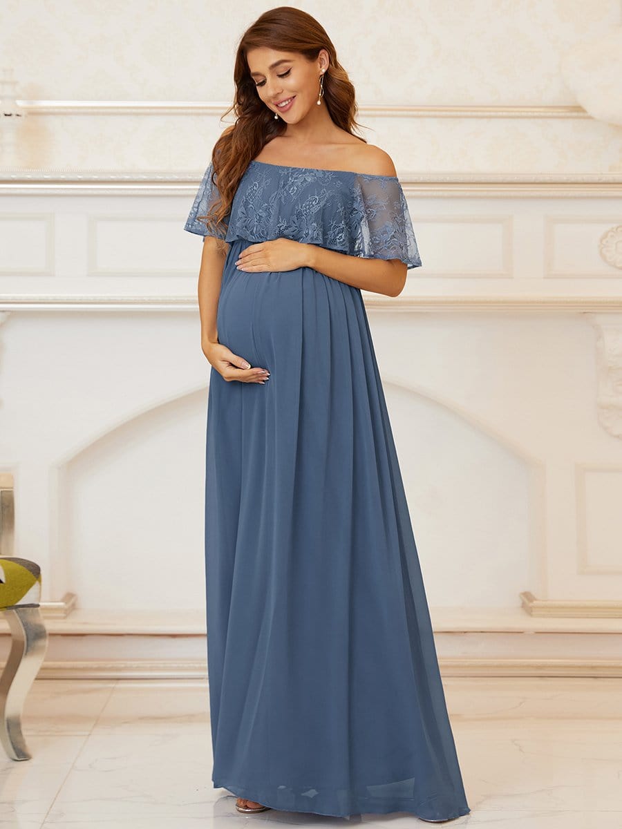 Color=Dusty Navy | Stunning Off Shoulder Pleated Maxi Maternity Dress-Dusty Navy 5