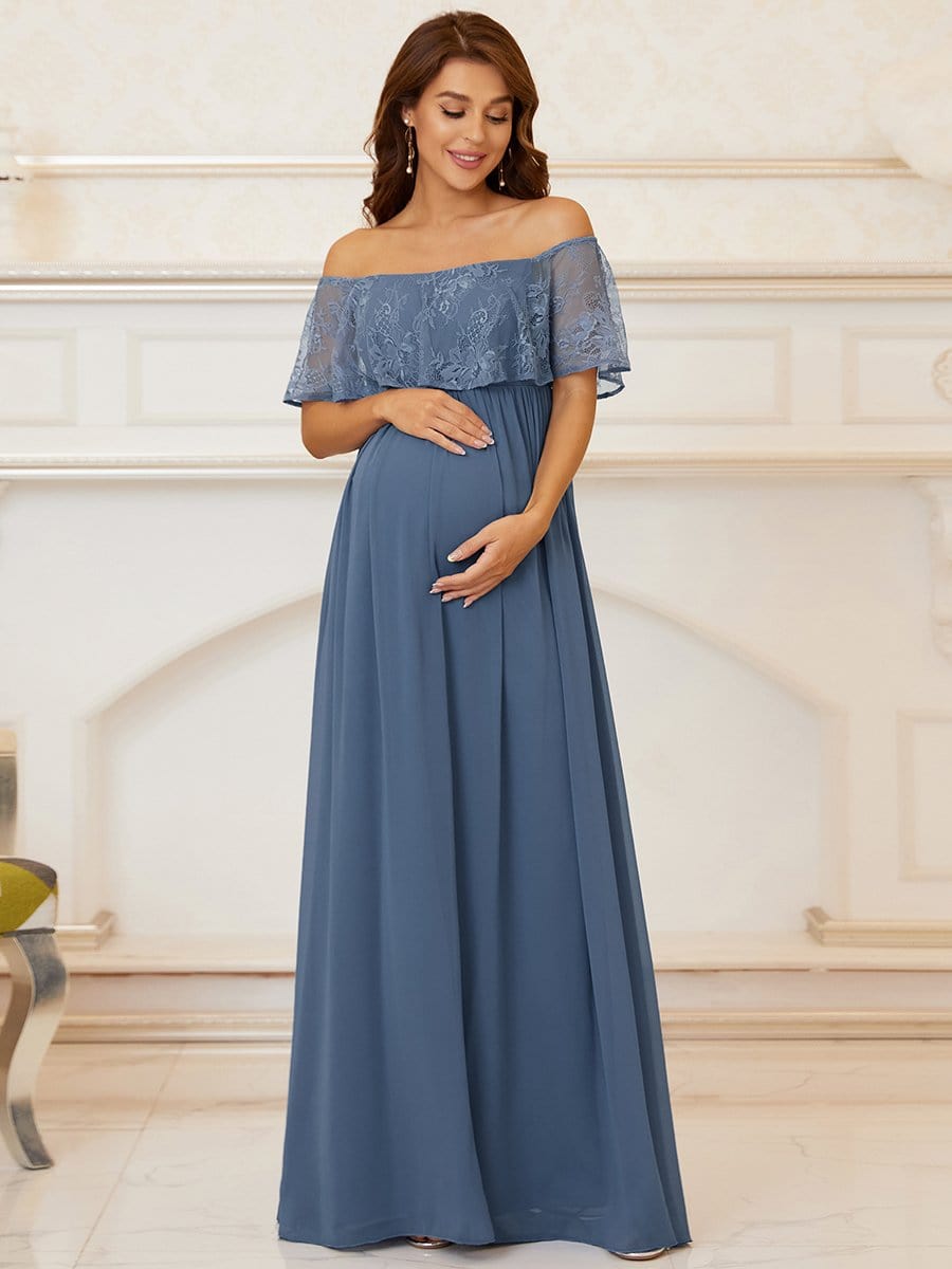 Color=Dusty Navy | Stunning Off Shoulder Pleated Maxi Maternity Dress-Dusty Navy 3