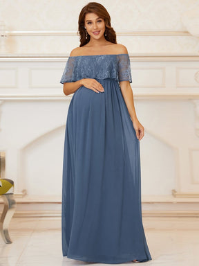 Color=Dusty Navy | Stunning Off Shoulder Pleated Maxi Maternity Dress-Dusty Navy 1