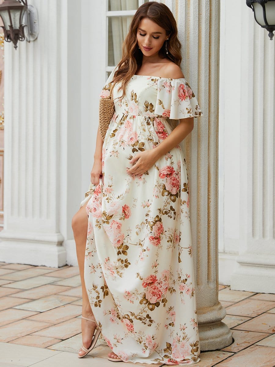 Color=Yellow | Elegant Lotus Leaf Floral Sprint Maxi Maternity Dress-Yellow 5