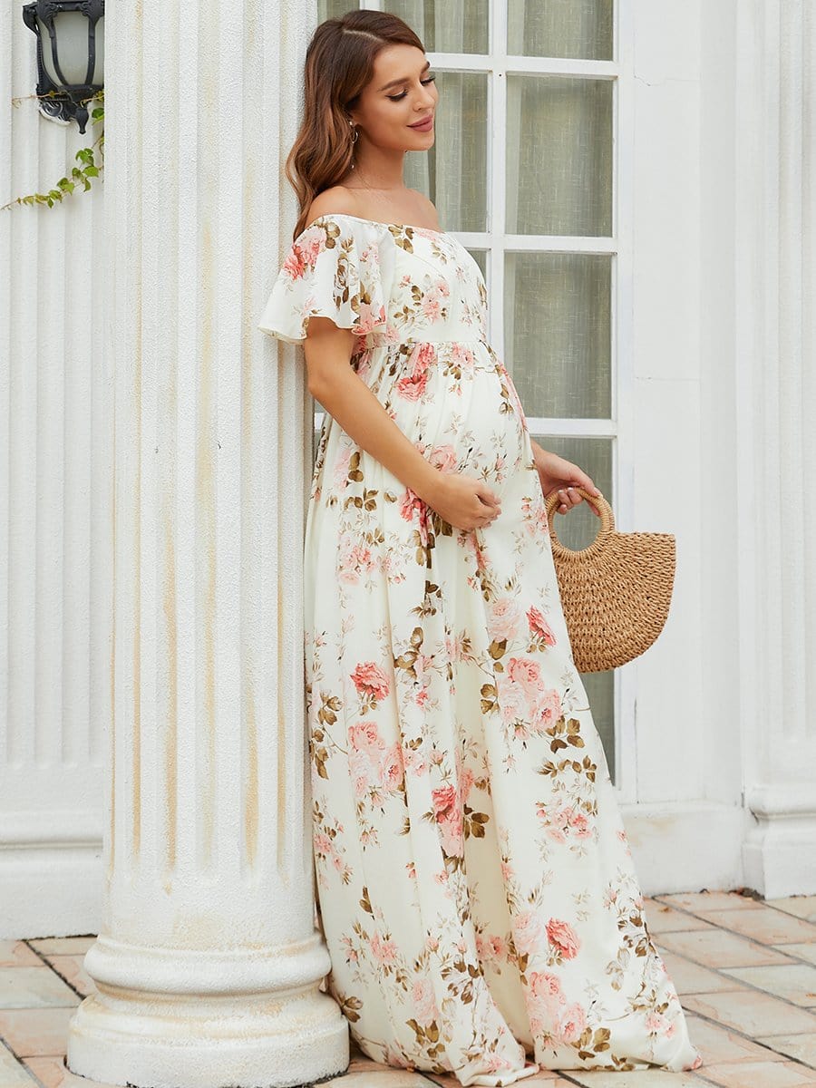 Color=Yellow | Elegant Lotus Leaf Floral Sprint Maxi Maternity Dress-Yellow 3