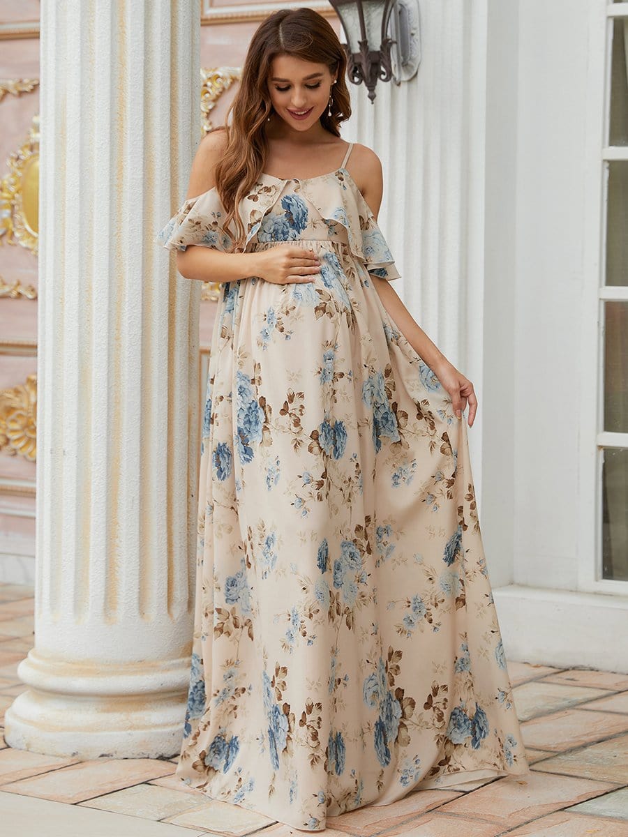 Color=Blush | Cold Shoulder Floral Print Maxi Maternity Dress-Blush 5