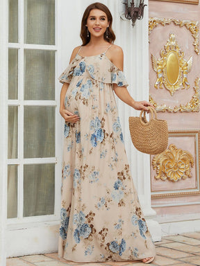Color=Blush | Cold Shoulder Floral Print Maxi Maternity Dress-Blush 1
