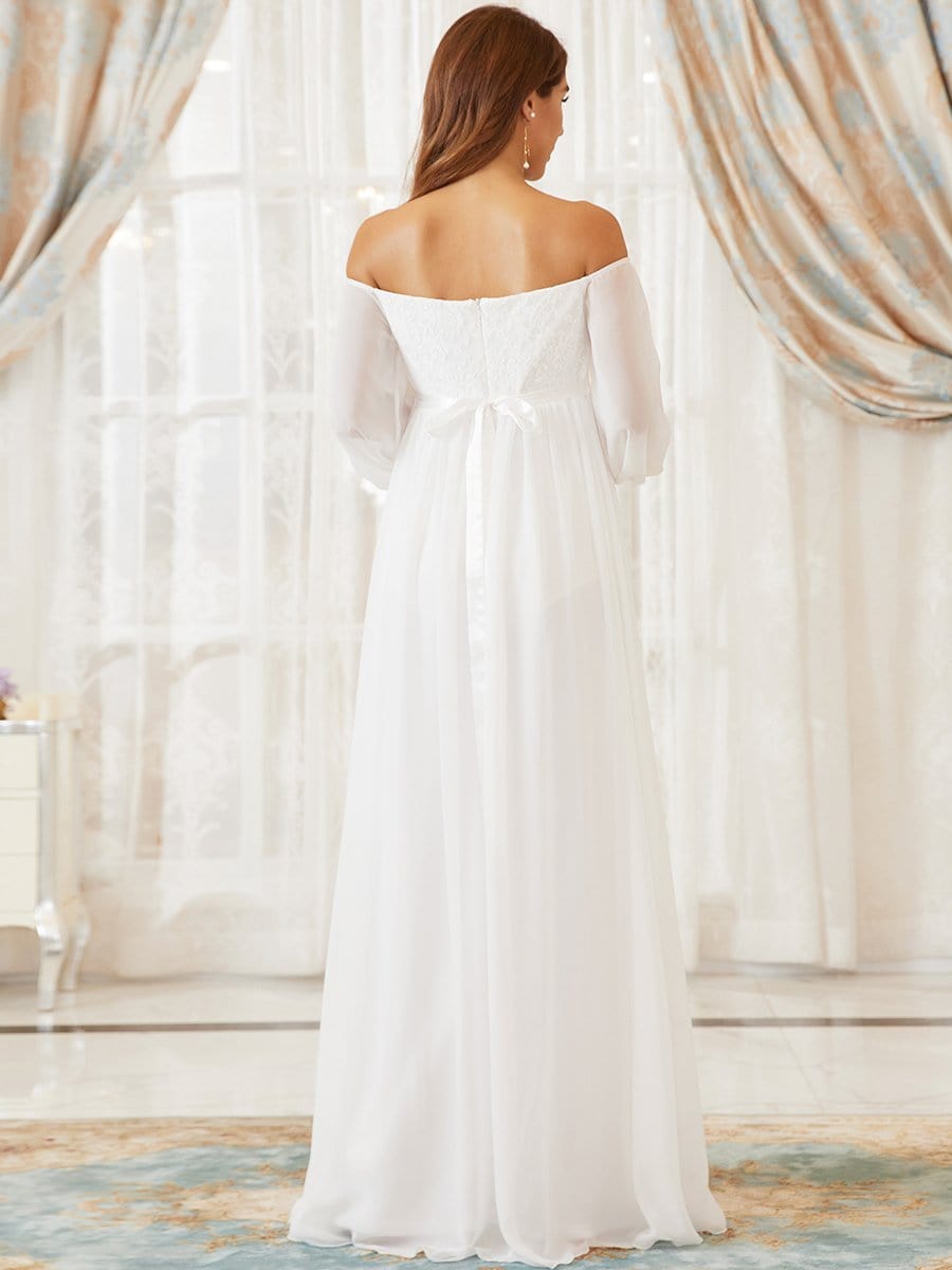 Color=Cream | Elegant Off Shoulder Lantern Sleeves Lace Maternity Dress-Cream 2